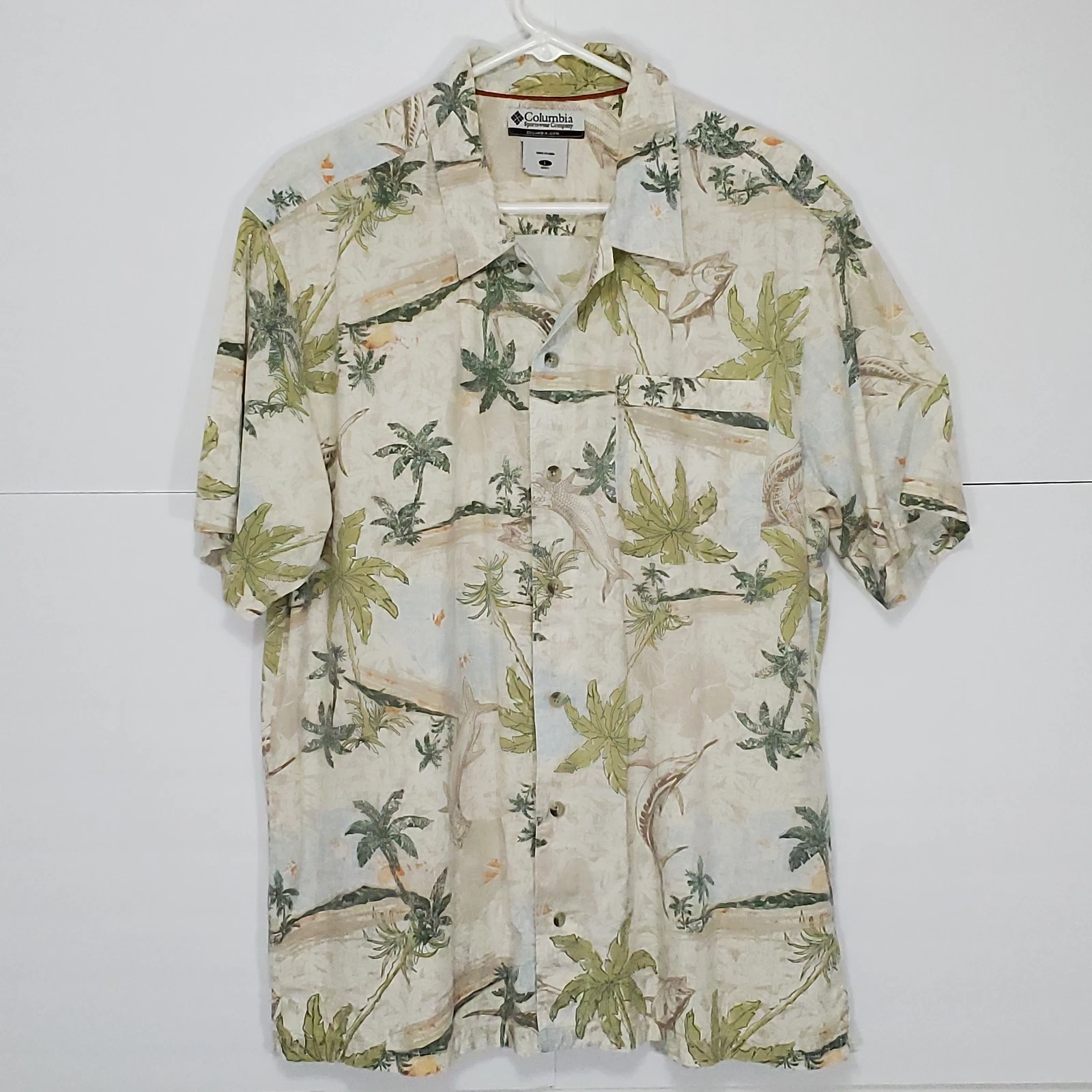 Columbia Fishing Palm Hawaiian Shirt Beige Mens Sz L