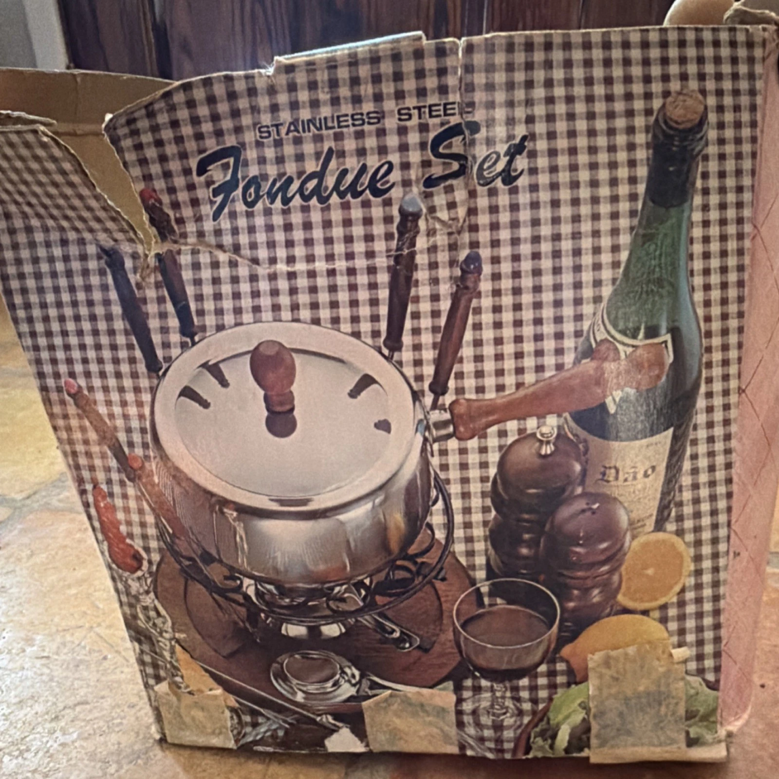 Antique Stainless Steel Fondue Set with 8 Forks, Wood Tray, Stand
Opens in a new window or tab