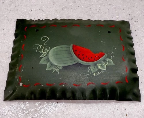 Vintage Hand-Painted Toleware Watermelon Tin Sign Folk Art Cottage Farm Decor
