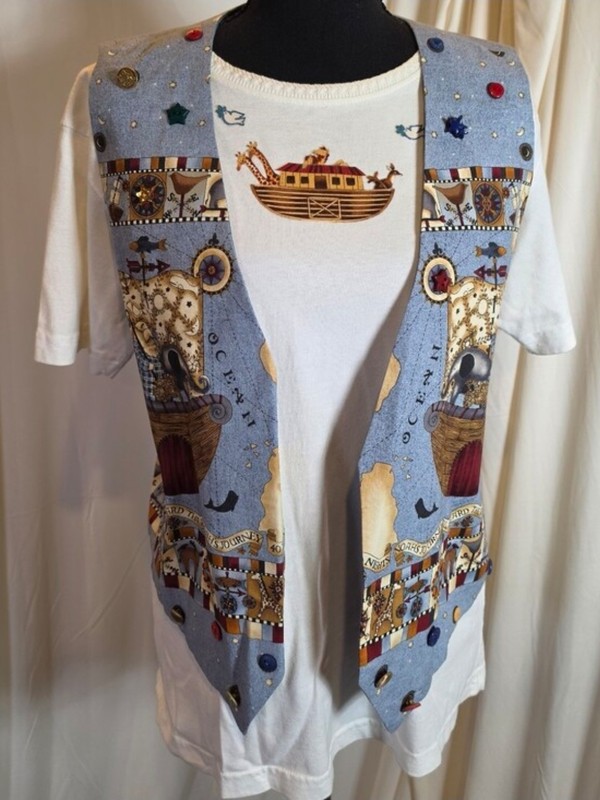 Vintage Lizsport Noah’s Ark Cotton Tee & Embellished Vest Set Size M