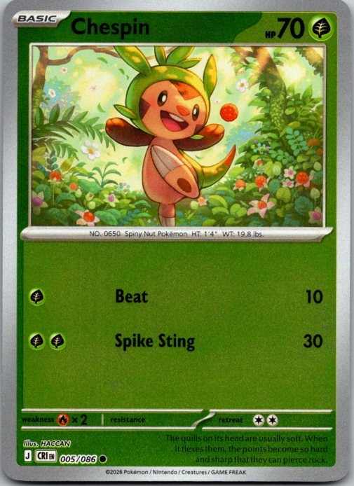Chespin Reverse Holo Common ME04: Chaos Rising 005/086 NM