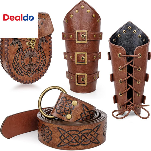 7 Pcs Men'S Renaissance Costume Set Medieval Pirate Shirt Viking Shawl Belt Shou