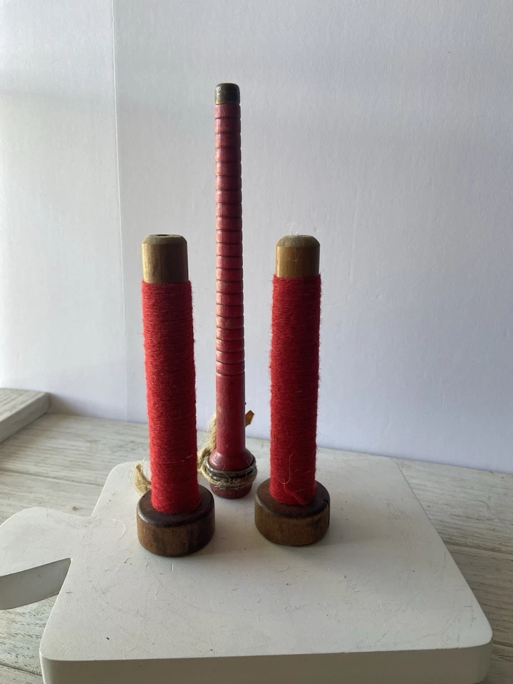 Lot of 3 Antique Wooden Quill Thread Spool Yarn Weaving Spinning Spindle Bobbins - Image 2 of 4