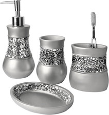 Crackled Glass Silver Bathroom Accessory Set 4-Piece Vanity Set Includes: Loti