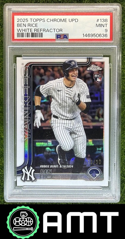 Ben Rice RC PSA 9 2025 Topps Chrome Update 16/30 White Refractor Yankees 0636