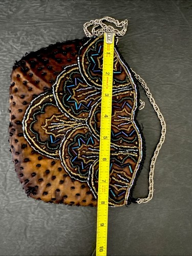 Brown Black Sateen Beaded Handbag Evening Bag Small Crossbody Purse Chain Strap - Picture 7 of 15