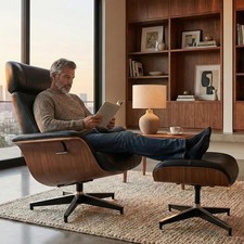 Genuine Leather Chaise Lounge Chair with Ottoman Recliner Swivel Arm chair