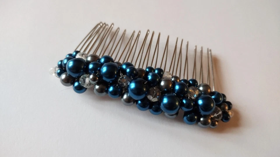 Peine de pelo de cristal azul oscuro perla y cristal gris, dama de honor, graduación, boda Foto 2 de 4