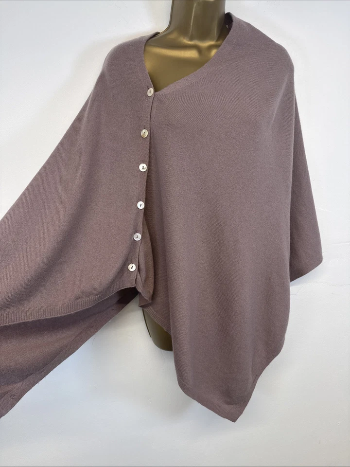 WoolOvers Button Poncho Taupe Brown Thin Knit One Size Cashmere Merino Blend - Image 3 of 4