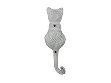 Handcrafted Nautical Decor Whitewashed Cast Iron Cat Tail Wall Hook 7"