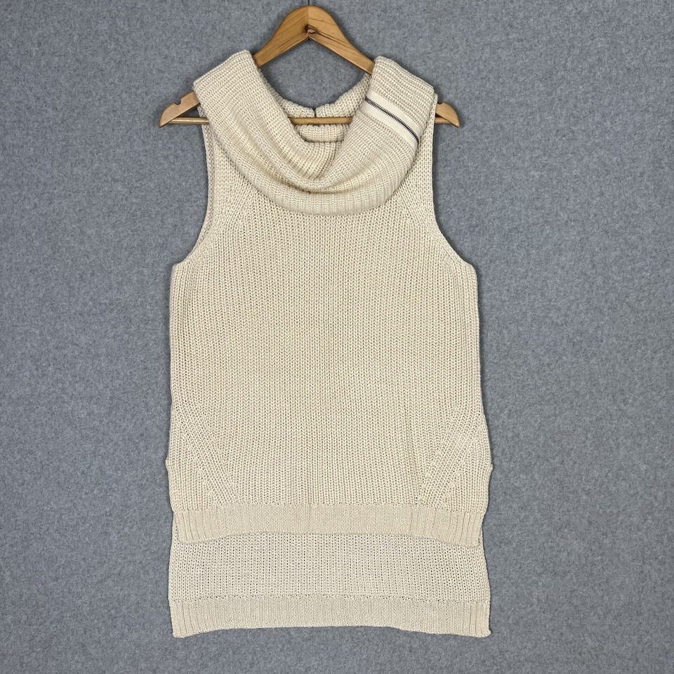 Portmans Knit Vest Womens L Wool Blend Turtleneck Cowl Cream Tunic Knitwear Zip