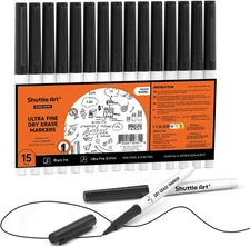 Shuttle Art Ultra Fine Dry Erase Markers, 15 Pack Black Whiteboard Markers with 