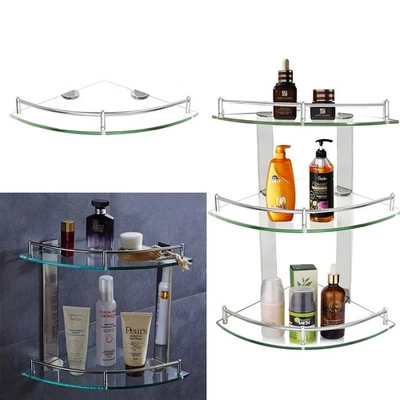 1/2/3Tier Clear Glass Corner Shelf Wall-Mount Storage Rack Shower Caddy Bathroom