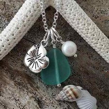Hawaiian Jewelry Sea Glass Necklace, Aquamarine Necklace, Hibiscus Pearl