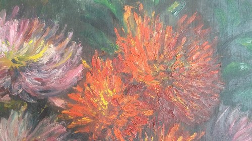 Huile sur Panneau - Nature morte fleurs Dalias Cactus - Picture 7 of 8
