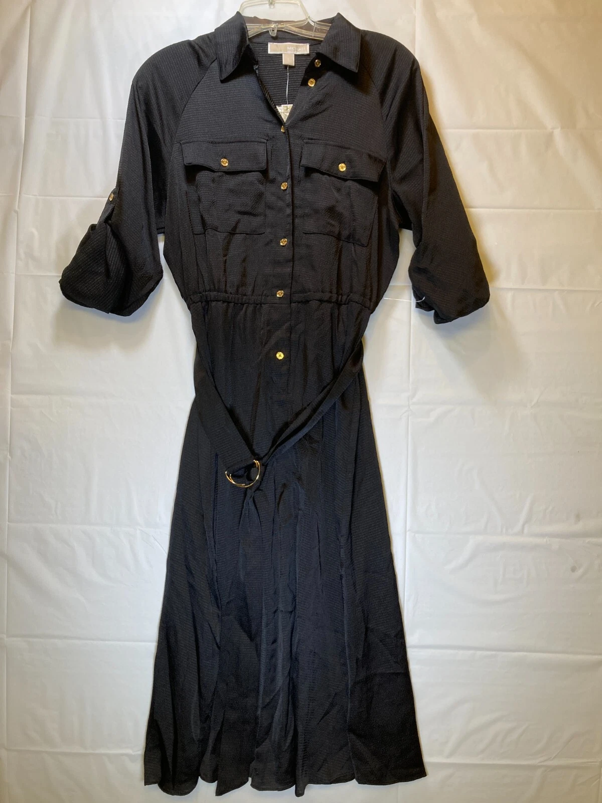 Michael Kors abito utility manica arrotolata donna nero con cintura colletto piccolo