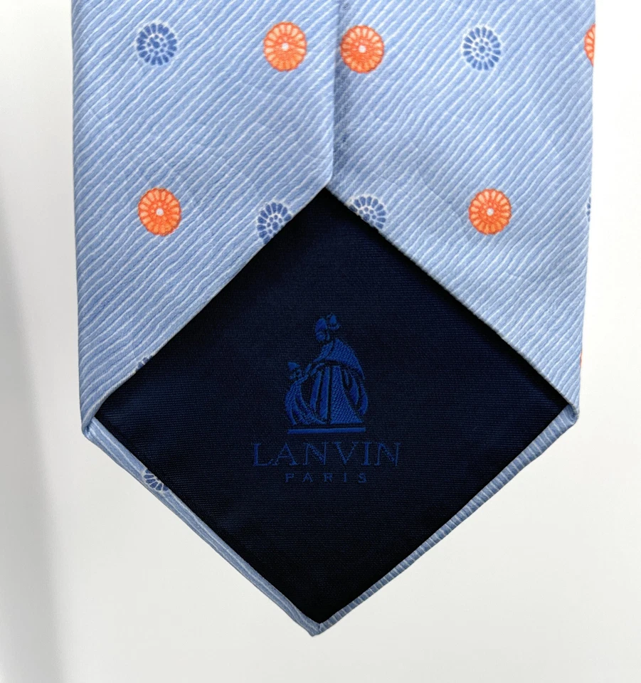 Corbata Lanvin Paris Hombre 3.75 Azul Seda Lunares Lujosa Hecha en Francia Foto 4 de 4