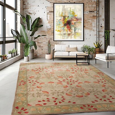 Multi Size Handmade Transitional 100% Wool Botanical Floral Area Rug Beige Sage