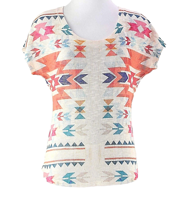 Gaze Top Sz S Peach Orange Navy Multi Tribal SS Polyester Spandex