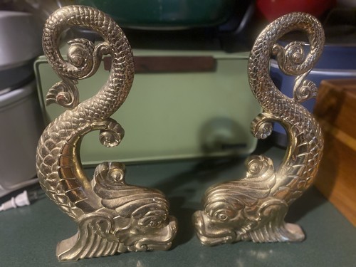 Owen Mfg Bronze Dolphin Serpent Andirons