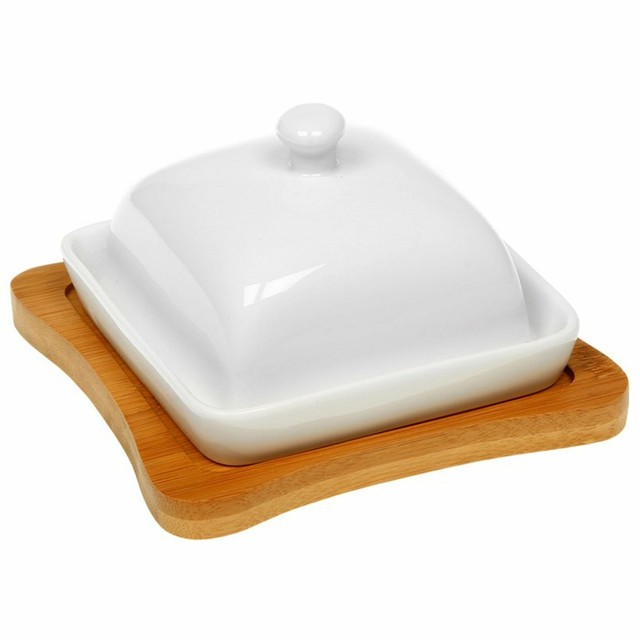 White Bamboo Square Butter Dish Ceramic Modern Home Decor Kitchen for