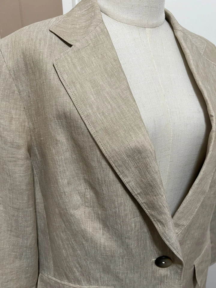 Blazer Chaqueta Lafayette 148 Lino Metálico Beige Dorado 14 Un Botón Carrera Foto 2 de 4
