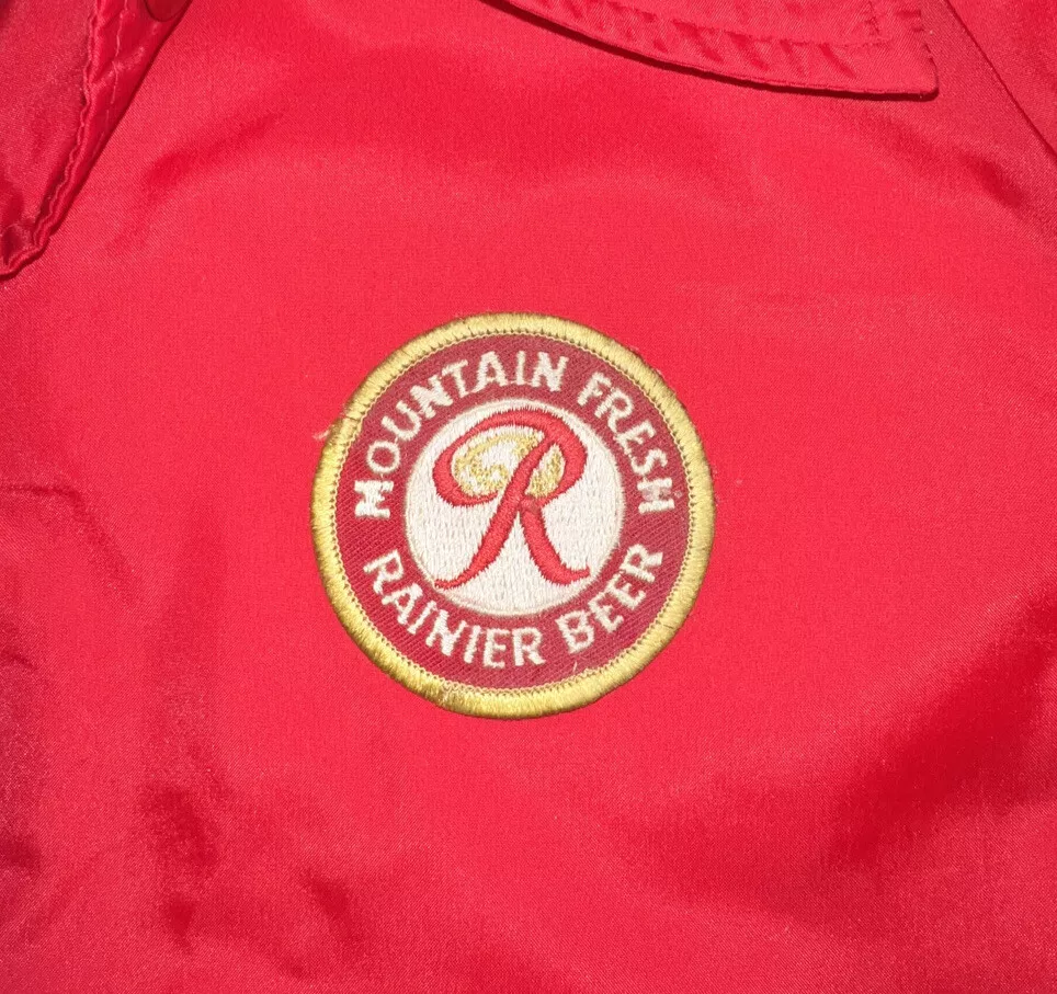 Vintage Sears Coaches Jacket Red Lined Size L Rainier Beer Patch