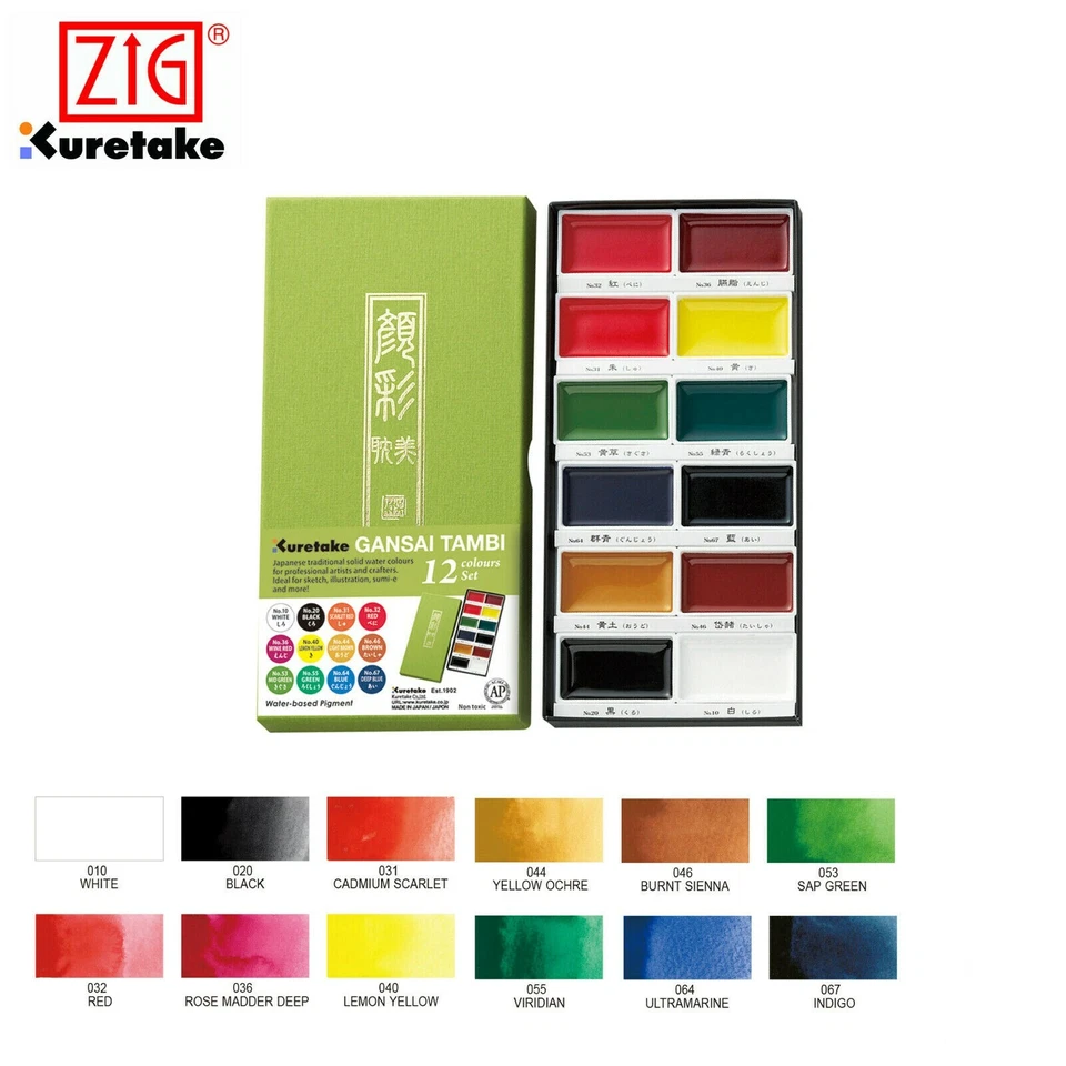 Kuretake Gansai Tambi Watercolour Paint Set Art Artists 12 18 24 36 48 Colours