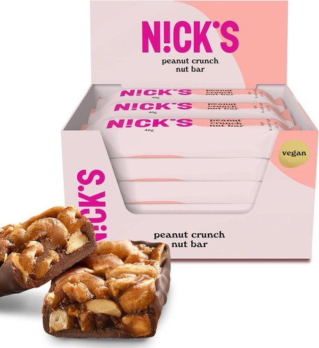 NICKS Nut Bar Peanut crunch, Vegan Chocolate Keto Snack 3.7 Net Carbs, 176 Calo