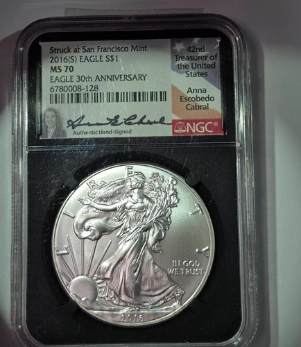 2016-S Silver Eagle 30th Anniversary Black Core Ana Cabral Signature NGC MS70