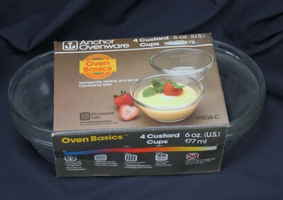 Vtg Anchor Hocking Ovenware 4 Custard Cups Dishes Bowls Clear New Unused H1034-C