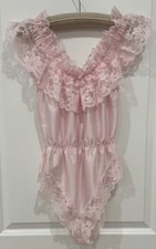 Vtg Dolores Poirette ILGWU Pink Satin/Lace Teddy Romper Bodysuit Sz M