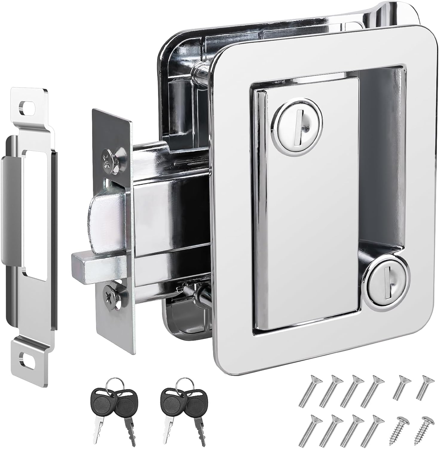 Chrome RV Door Lock Replacement, Camper Door Lock, Silver Zinc Alloy Panel, RV D
