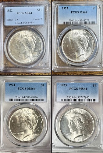 1922 1923 1924 1925 PCGS MS64 90% Silber Peace Dollars. Schönes 4 Kursmünzenset! 🔥🪙
