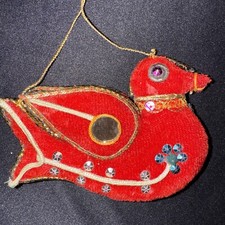 VTG Christmas Ornament Red Velvet Handcrafted Bird Sequins Mirrors Gold Cording