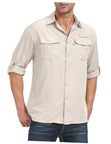 Mens Safari Shirts Long Sleeve Fishing Shirt Sun Protection UPF 50 UV Quick