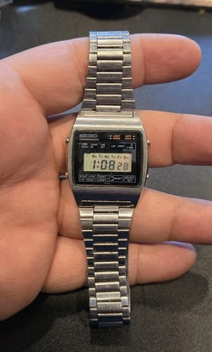 Seiko Digital Watch Men 34mm LCD Steel Chronograph M929-4000 Works See Descr C78