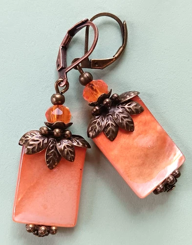 ORANGE SHELL PEARL & Crystal earring COPPER LEVERBACK artisan #LA25