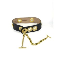 Donna Karan New York Vintage Leather Grommet Belt Gold Chain Toggle Navy Blue PS