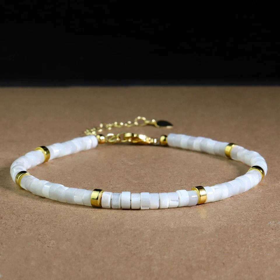 Pulsera Tubo Madreperla Cristal Blanco Chapado en Oro Cadena Ajustable Joyería Foto 3 de 4