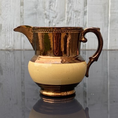 Vintage kleiner Kupfer Gold Glanz Keramik Krug Krug Milchkännchen gelbes Band 4''