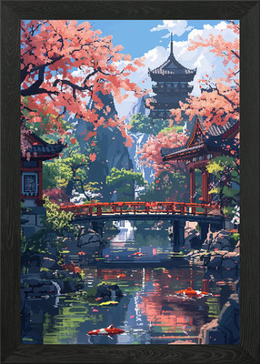 Asiatischer Zen Garten Pixel Kunst Gerahmtes Wandbild Poster Leinwanddruck Bild