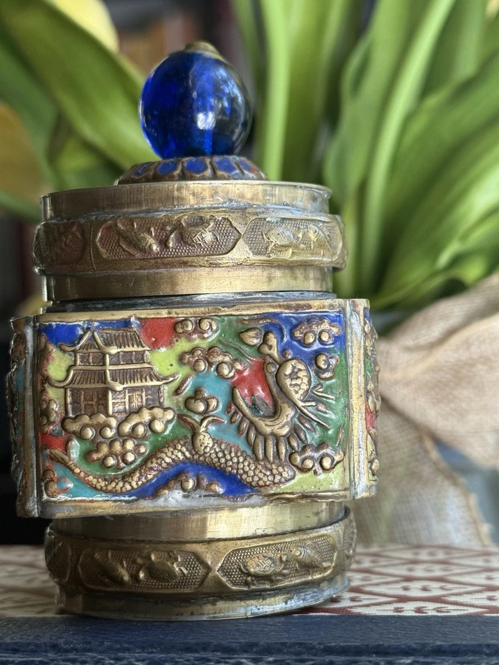 Circa 1900-1940 Antique Chinese Tea Caddy/Snuff Jar W Enamel Cloisonné Brass - Image 2 of 4