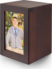 Small Wooden Urn for Human Ashes - Decorative Keepsake Box with Photo Frame, Bro