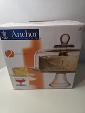 Anchor Hocking Canton Glass Punch Bowl Cake Set Plate Stand Done Cover Duel Use