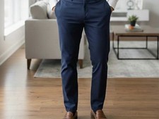 Men's Slim Fit Stretch Blue Flat Front Tapered Leg Casual Pants 34x32
