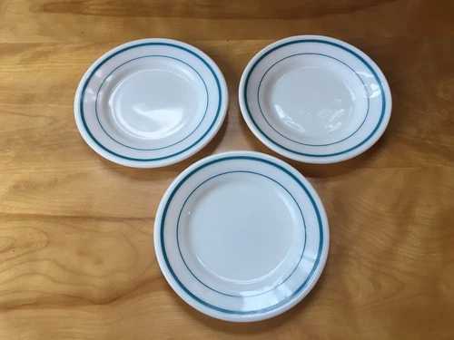 Vintage 3 Anchor Hocking + Pyrex Salad Plates Corning 704 Blue Stripe 6-1/2"