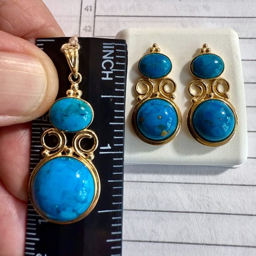 14 Karat Gelbgold Anhänger und Ohrring Trio Türkis Cabs 8,2 Gramm - Bild 8 von 16