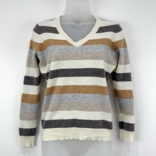 Charter Club Cashmere Sweater Women's M Striped Old Money V Neck 3/4 Sleeve