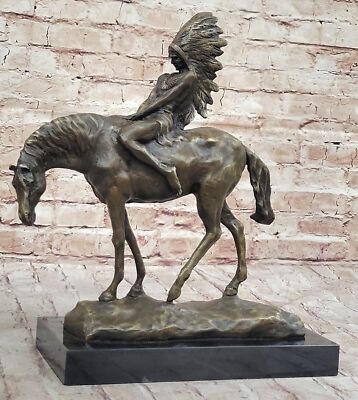 100% Hot Cast Bronze Sculpture Marble Base Native American Indian on Horseback